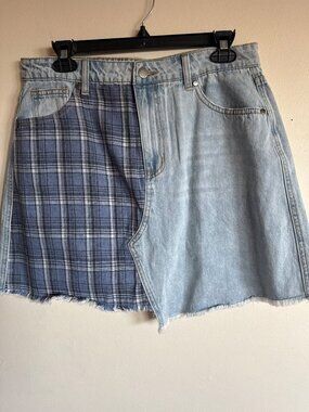 Easel Los Angeles Womens Blue Denim & Plaid Mini Skirt Size L New With Tags